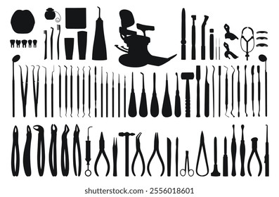 Oral hygiene products, dental equipment and tools for dental treatment, black silhouette of objects, set