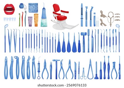 Oral hygiene products, dental equipment and tools for dental treatment, color silhouette of objects, set