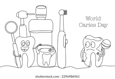 Mundpflegeprodukte und gesunder Zahn. Zahn mit Lollipop und Karies. Weltkarientag. Eine Zeilenzeichnung für verschiedene Verwendungszwecke. Vektorgrafik.