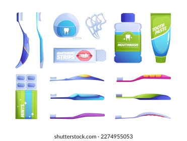 Oral hygiene products. Mouth cleaning tools, cartoon toothbrush toothpaste floss mouthwash icons, dental care treatment concept. Vector flat set. Whitening strips, mint chewing gum svg