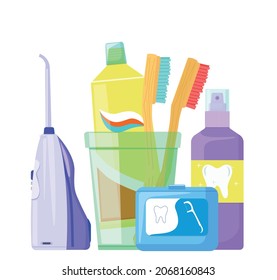 Oral hygiene products, toothpaste and brush, dental floss, irrigator, spray rinse. Vector illustration.