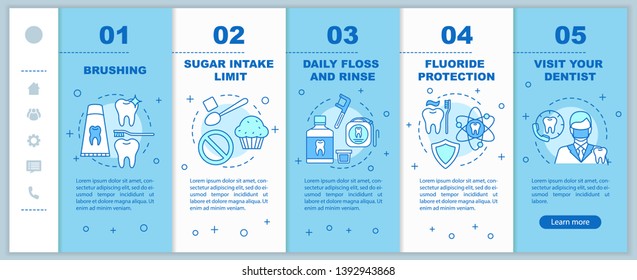 Oral hygiene routine onboarding mobile web pages vector template. Teeth care. Responsive smartphone website interface idea with linear illustrations. Webpage walkthrough step screens. Color concept