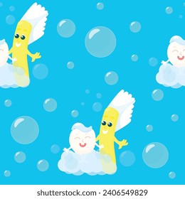 Patrón de higiene oral sin fisuras al estilo de las caricaturas. Feliz diente y cepillo de dientes en burbujas de jabón sonriendo alegremente.