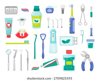 Iconos de Elementos de conjunto de higiene oral en estilo plano. Instrumentos dentales. Cuidado de la salud de los dientes y las encías.