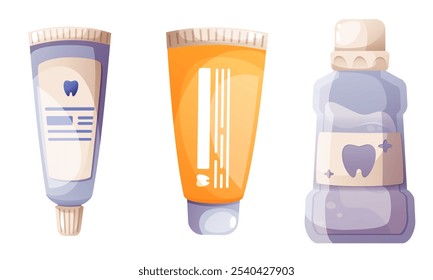 Conjunto de higiene oral, pasta de dientes, gel dental, enjuague bucal, enjuague bucal. Higiene bucal y limpieza. Estilo de vida saludable y rutina diaria. Ilustración vectorial del producto de limpieza oral sobre fondo blanco.