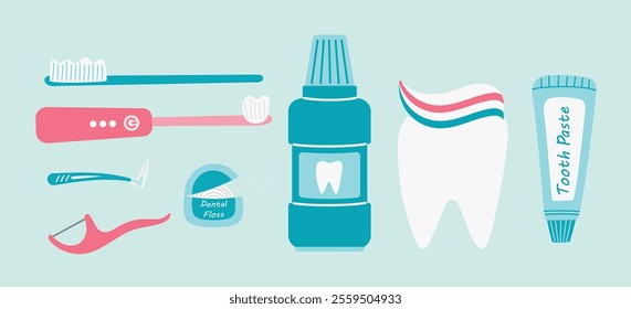 Oral hygiene set. Vector illustration of oral hygiene in flat style Toothpaste, toothbrushes, dental floss, electric toothbrush, mouthwash, electric irrigator.