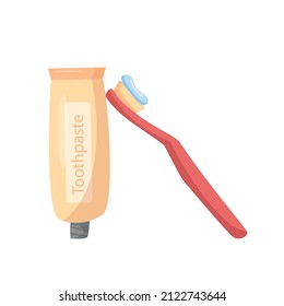 Oral hygiene, teeth cleaning. Toothpaste and brush. Vector cartoon illustration.