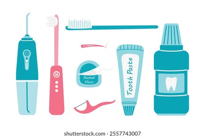 Oral hygiene tools. Dental care kit. Toothpaste, toothbrushes, dental floss, interdental brushes, electric toothbrush, mouthwash, tongue scraper, electric irrigator. Dental care, teeth cleaning.