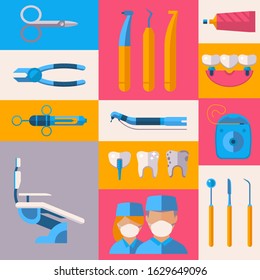 Oral hygiene tools dental equipment, medical instruments vector illustration. Set of flat style icons and stickers in colorful collage. Dental care items, stomatology instruments, dentistry healthcare