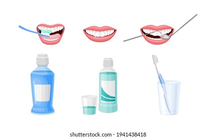 Oral Hygiene with Toothbrush and Toothpaste for Teeth Brushing Procedure Vector Set