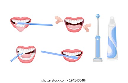 Oral Hygiene with Toothbrush and Toothpaste for Teeth Brushing Procedure Vector Set