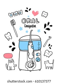 Oral irrigator illustration with cute hand drawn cats, toothbrush and teeth
