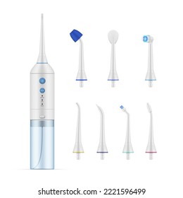 Las boquillas de irrigador oral de la limpieza dental constituyen una ilustración vectorial realista. Dentista higiene individual boca dispositivo eléctrico de pureza ortodoncia. Tecnología periodontal de onda ultrasónica portátil