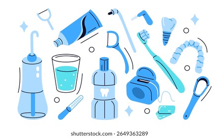 Oral irrigator, toothbrush, mouthwash, interdental brush, retainer, floss and other dentistry items set. Dental care, health, hygiene concept. Vector illustration.
