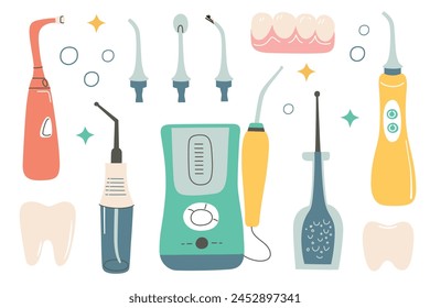 Conjunto de irrigadores orales, colección de chorro de agua de dibujos animados, iconos de hilos higiénicos portátiles para la limpieza de dientes, Ilustración vectorial de la higiene dental, cuidado de la salud bucal, dispositivo de ortodoncia para ortesis de hilo dental