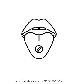 Oral Medication. Pill On Tongue Line Icon. Vector
