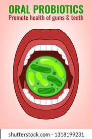 Oral probiotics and prebiotics. Normal gram-positive anaerobic microflora vertical poster. Editable vector illustration in bright colors. Flat style. Medical, healthcare and scientific concept.