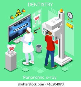 Oral Radiology Imaging Dental Panoramic Teeth X Ray Radiography Dental Center Dentist & Patient Doctor. 3D Isometric People Oral Care Dentistry Clinic Room Dental Imaging Visit Vector Illustration.