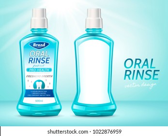 Oral rinse mockup set, blank hygiene product containers with label in 3d illustration for design uses