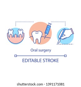 Oral surgery concept icon. Tooth extraction under anesthesia. Surgical intervention. Dental diagnosis and treatment idea thin line illustration. Vector isolated outline drawing. Editable stroke