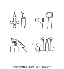 Oral surgery tools linear icons set. Irrigation syringe. Brightening teeth. Resin dental material. Customizable thin line contour symbols. Isolated vector outline illustrations. Editable stroke