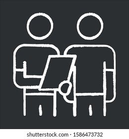 Oral survey chalk icon. Two people Interviewing. Question and answer. Teamwork and communication. Dialogue and talk. Recruiter with employee. Info collection. Isolated vector chalkboard illustration