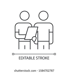 Oral survey linear icon. Two people Interviewing. Question and answer. Dialogue, talk. Recruiter with employee. Thin line illustration. Contour symbol. Vector isolated outline drawing. Editable stroke