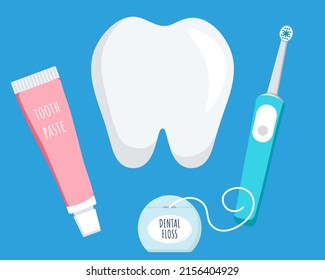 Oral and teeth care conception. Set of dental cleaning tools. Electric toothbrush and toothpaste, dental floss. Dental hygiene.