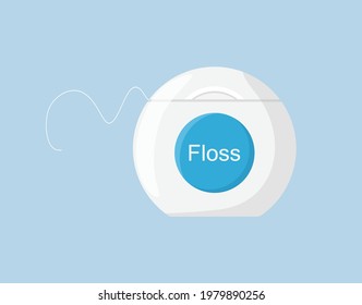 Oral and teeth care. Floss isolated on blue background. Dental hygiene. Flat style vector illustration.
