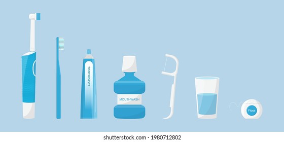 Atención oral y dental. Conjunto de herramientas de limpieza dental. cepillo de dientes, cepillo de dientes eléctrico y pasta de dientes, enjuague bucal, hilo dental aislado. Higiene dental. Ilustración vectorial de estilo plano.