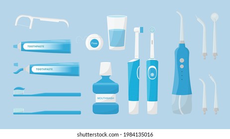 Oral and teeth care. Set of dental cleaning tools. Toothbrush, electric toothbrush, portable irrigator and toothpaste, mouthwash, dental floss isolated. Dental hygiene. 