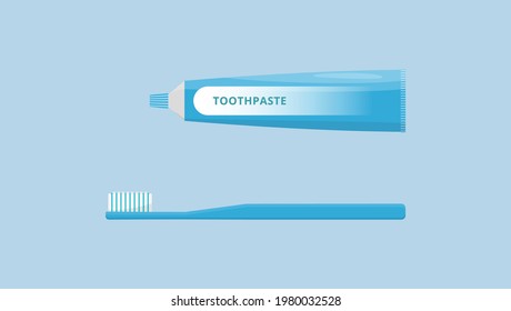 Oral and teeth care. Toothbrush and toothpaste isolated on blue background. Dental hygiene. Flat style vector illustration.