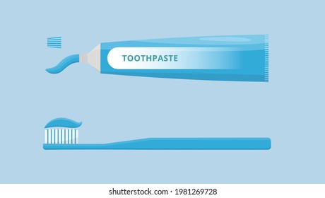 Atención oral y dental. Cepillo de dientes y pasta dental aislados en fondo azul. Higiene dental. Ilustración vectorial de estilo plano.
