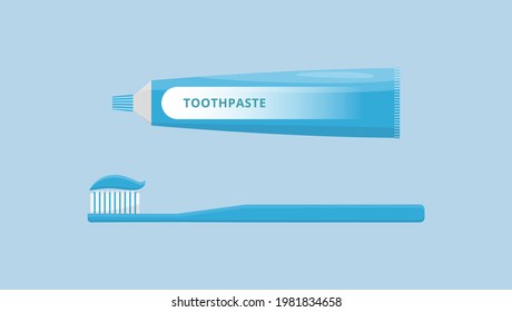 Atención oral y dental. Cepillo de dientes y pasta dental aislados en fondo azul. Higiene dental. Ilustración vectorial de estilo plano.
