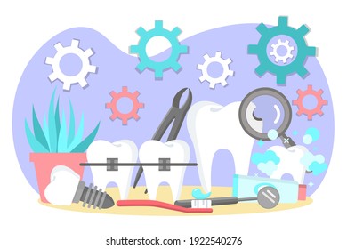 Oral treatment and dental braces. Stomatological problems, dental care and hygiene. Stomatology and orthodontics medical center concept flat vector illustration