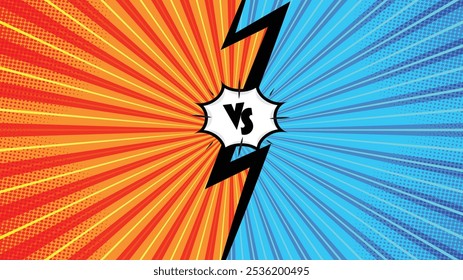 Laranja e azul versus história em quadrinhos. Pop art história em quadrinhos efeito sunburst fundo com meio-tom.