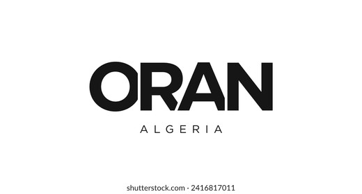 Oran in the Algeria emblem for print and web. Design features geometric style, vector illustration with bold typography in modern font. Graphic slogan lettering isolated on white background.