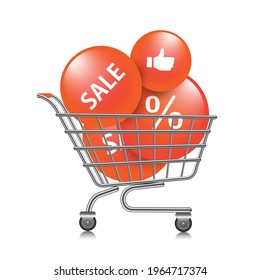 A orang ball with a promotional text in shopping cart or trolley,vector 3d isolated on white background for promotion sale design,vector for advertising design