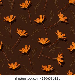 Orang cosmos flower pattern on dark background. Great for cover, packaging, wrapping and backdrop