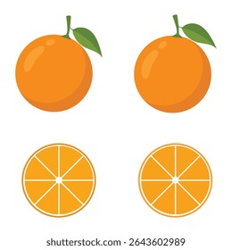 Orang fruit. Oranges that are segmented on a white background. Half Orange icon vector. Orange with green leaves. Vector illustration.