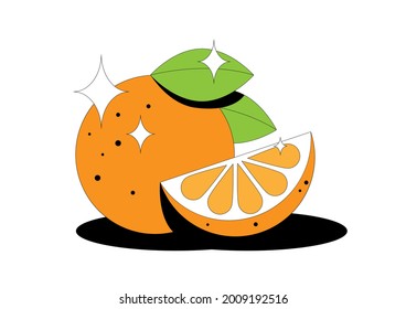 Orang fruit. Сut slice and leaves of orange fruit isolated on white background. For packaging design, advertising, cover, print. Vector illustration.
