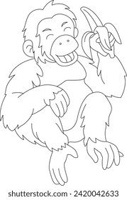 Orang Utan happy eat banana cartoon black and white vector line art coloring page illustration