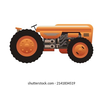 orange 1940's retro futuristic tractor isolated on white, atompunk vehicle design concept