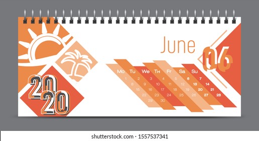 Orange 2020 calendar design, typography, illustration. June.