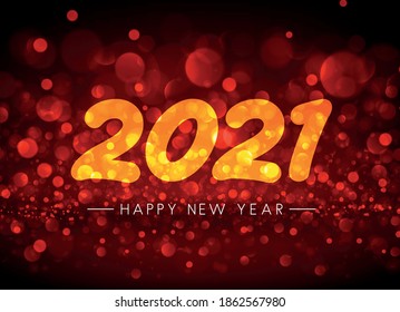 Orange 2021 happy new year transparent sign on red gradient bubble background. Vector holiday illustration.