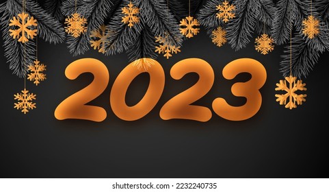 Orange 2023 sign with fir, hanging snowflakes. Vector holiday illustration.