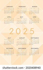 orange 2025 calendar template with mosaic translucent triangles. Calendar design for print and digital. Week starts on Sunday