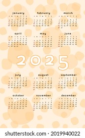 orange 2025 calendar template. Vertical format abstract background with hand drawn spot blob blot. Calendar design for print and digital. Week starts on Sunday