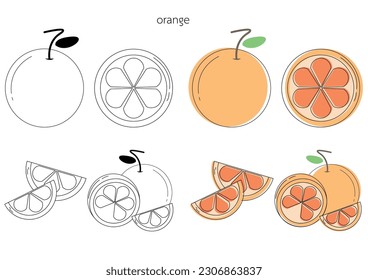 colección 2D naranja, llena de fruta y cortada a la mitad