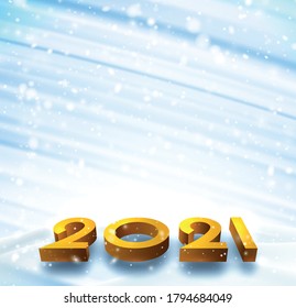 Orange 3d 2021 sign lying on snowdrift. Blue brushstrokes background. Vector festive illustration.